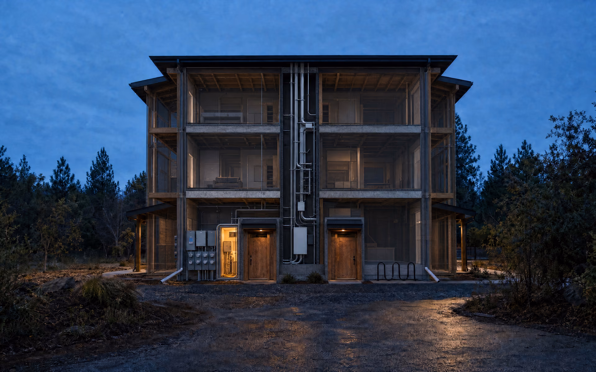 Conceptual cutaway of the same three-story multifamily building: floor plates, a central riser shaft, a lit ground-floor telecom room, unit interiors as dim volumes.