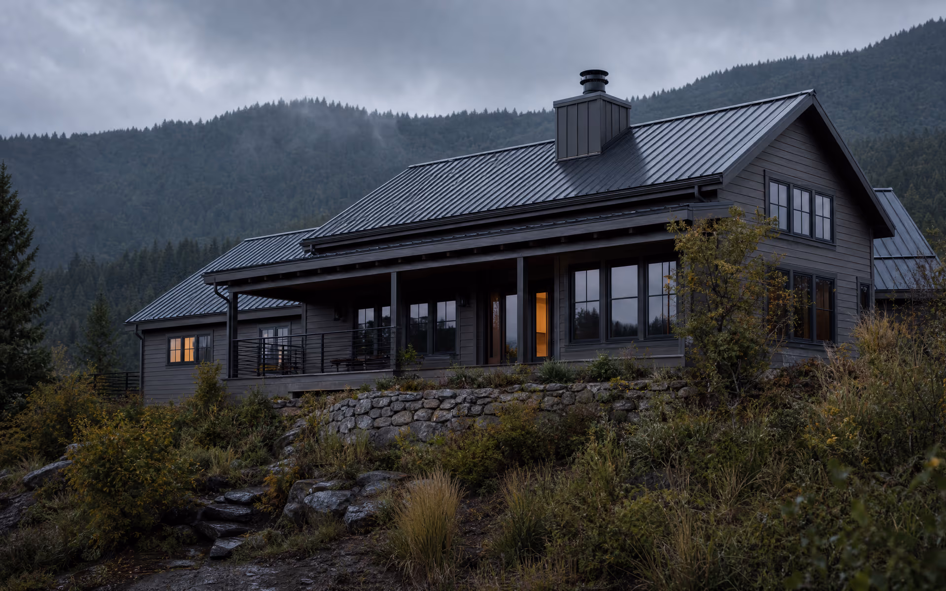 Conceptual rendering of a Southern Oregon hillside home twenty minutes after sunset, a few rooms lit. Not a real installation.