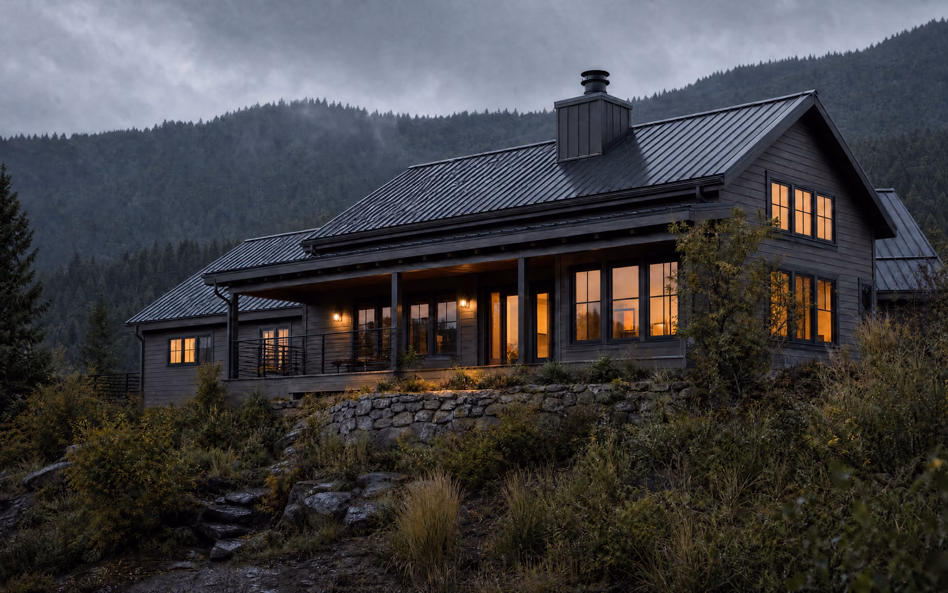 Conceptual rendering of the same Southern Oregon hillside home with every room and the porch lit, the moment the connection lands.