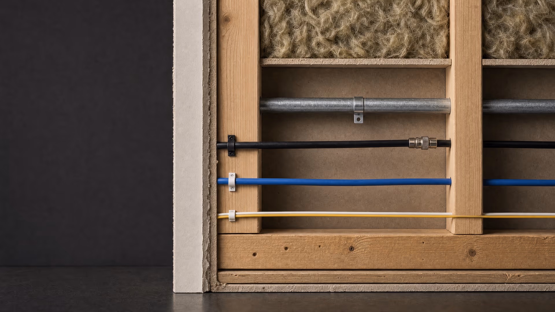 Conceptual material study of a wall cross-section: painted gypsum, timber framing, mineral wool, metal conduit, an existing coaxial cable, a category cable, and a fiber path. Not a real installation.